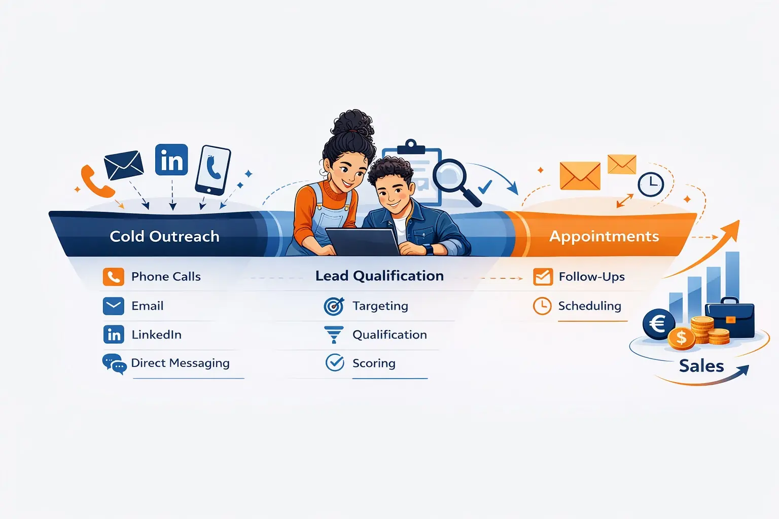 Diagram of the LeadPerk B2B lead generation and outbound sales process