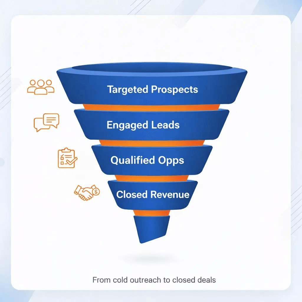 Sales funnel showing stages from targeted prospects to closed revenue.